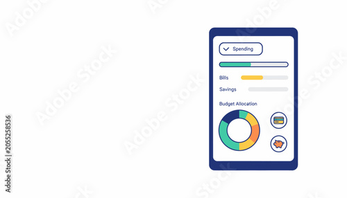 Financial planning app interface on a tablet showing budget allocation, spending, and savings with charts and icons