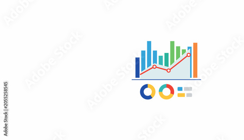 Colorful business analytics graph with rising trend line, pie charts, and bar chart on white background.