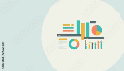 Flat design infographic charts and graphs for business analytics and data visualization on a light blue background