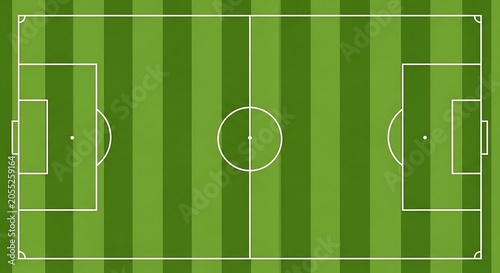 A technical diagram of a soccer field with white markings on a green striped background