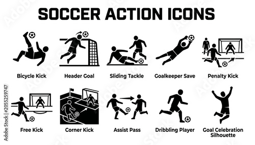 Tableau sur toile Soccer action icons set bicycle kick header goal sliding tackle goalkeeper save