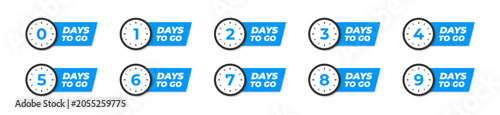 Countdown of days to go. Badge time left. Number 1, 2, 3, 4, 5, 6, 7, 8, 9, 0. Editable stroke.