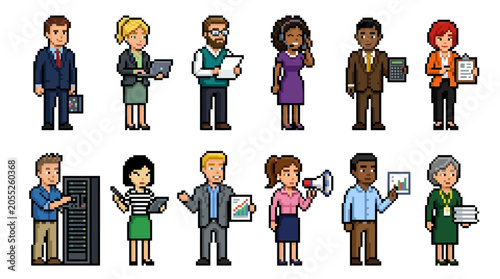Business people holding various office items.