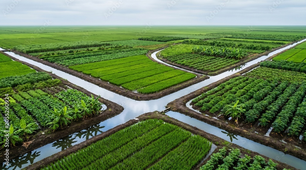Naklejka premium Aerial view of green agricultural farmland with irrigation canals
