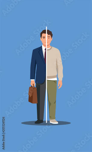 Professional man showing split personality between corporate business and casual lifestyle