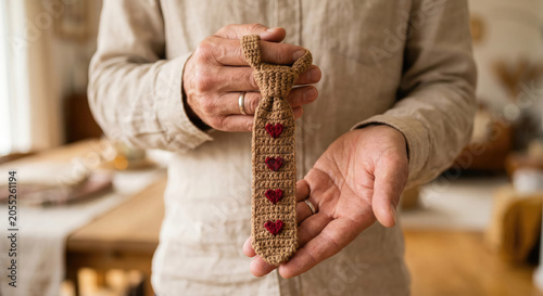 crochet necktie photo for fathers day craft gift with red buttons and hands