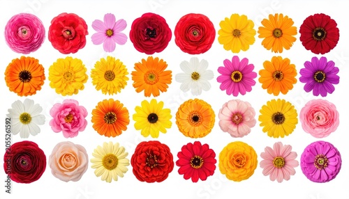 A vibrant arrangement showcasing a diverse collection of colorful blossoms against a clean white backdrop