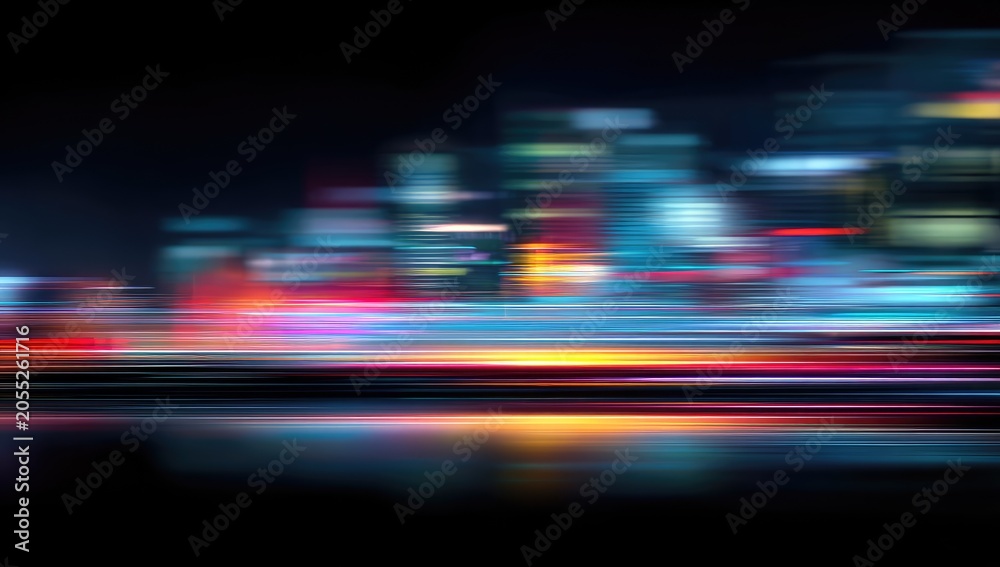 Fototapeta premium A vibrant, blurred cityscape at night with streaks of light, creating an abstract and dynamic visual. The dark background enhances the colorful lights