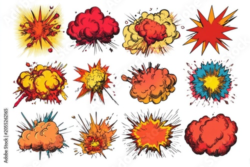 A vibrant collection of twelve dynamic, cartoon-style explosions in various shapes and colors, depicted on a white background