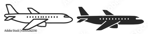 Vector illustration of airplane icons in outline and solid styles representing aircraft and flight concept on transparent background