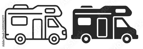 Schilderij op canvas Black and white camper van line art and silhouette icon set isolated on white ba