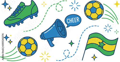 Tableau sur toile Brazilian soccer illustration with cleats balls megaphone and national flag elem