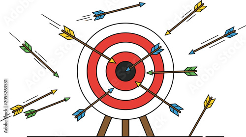 Obraz na plátně Archery Target Concept Vector Illustration with Multiple Flying and Stuck Arrows