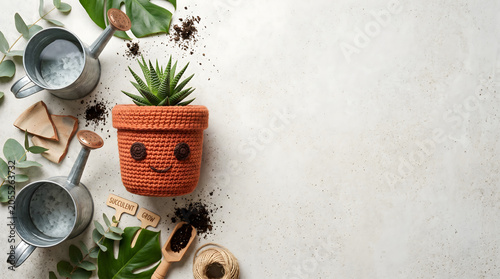 Modern urban gardening concept with cute handmade crocheted flower pot character, fresh green succulent, watering cans and gardening tools on light background with copy space.