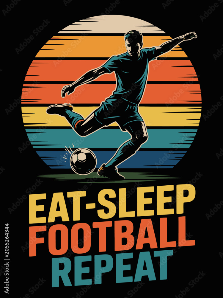 Naklejka premium A silhouetted soccer player kicks a football against a retro sunset background.