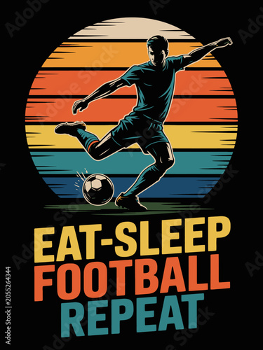 A silhouetted soccer player kicks a football against a retro sunset background.
