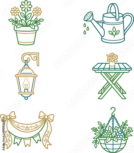 Garden decor icons with flowers, table, lantern, and hanging basket are displayed.