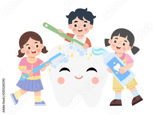 Children Brushing a Giant Tooth