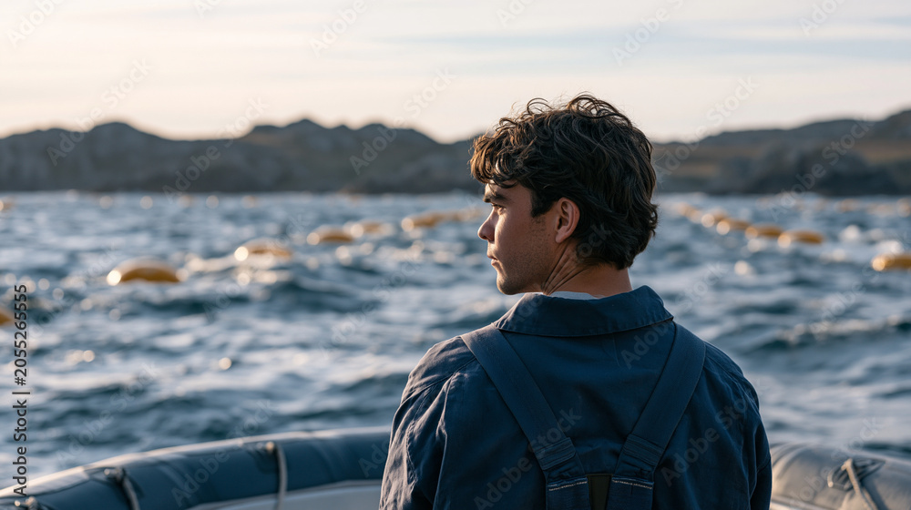 Fototapeta premium Wave energy converter buoy array visible from rocky Scottish coastline, marine engineer on research vessel taking structural measurements, offshore renewable device maintenance,