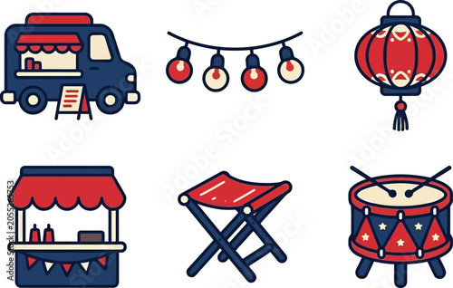 Vibrant Street Food Truck Festival with Lanterns and Drums Outside