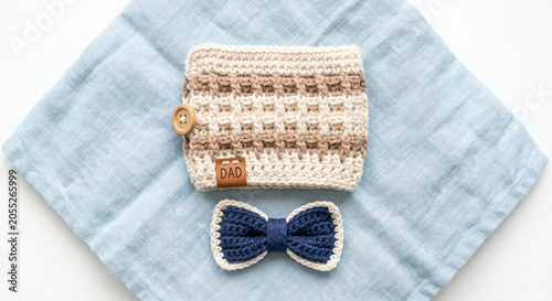 crochet pouch photo for craft gift card with bow tie and soft blue fabric
