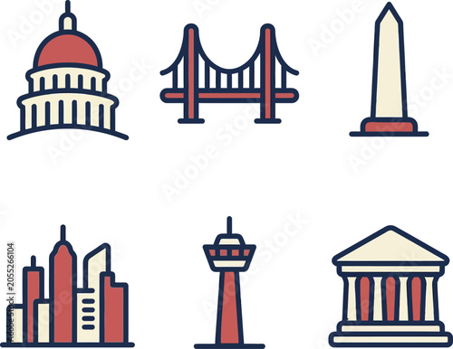 City landmarks icons showcase famous buildings and structures
