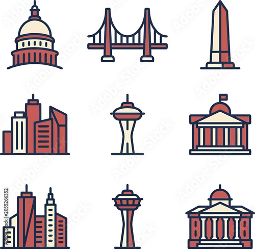 Illustrations of famous landmarks and buildings across America on display