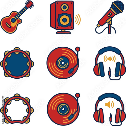 Music icons including guitar, speaker, microphone, and headphones displayed together