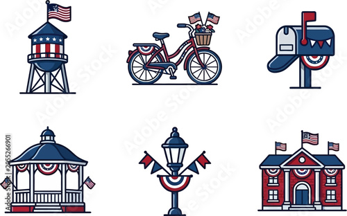 American town decorations with bicycle and mailbox on a patriotic day