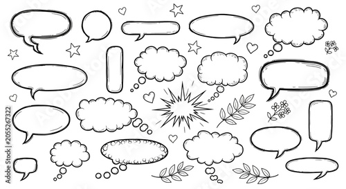 Foto A black and white illustration of various comic book style speech bubbles and th