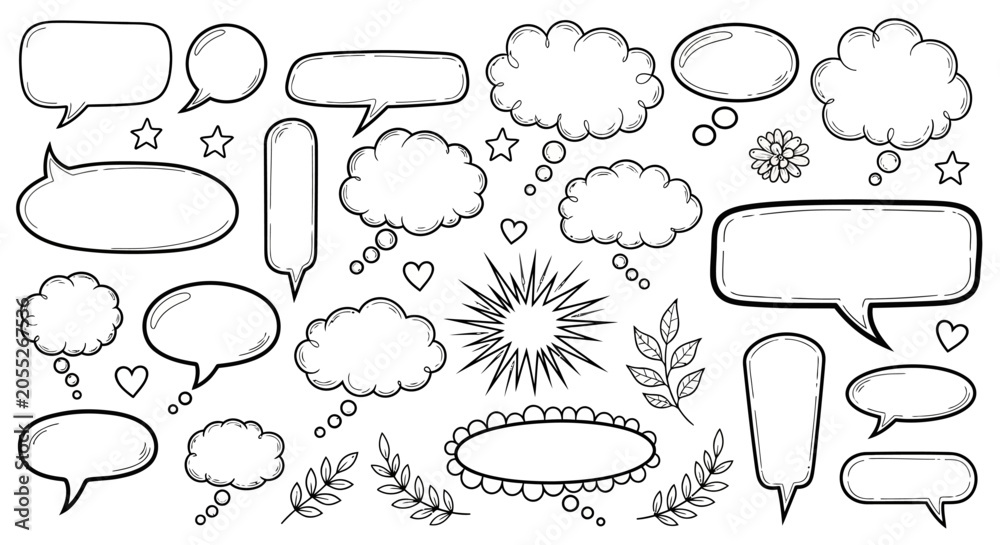 Obraz premium A black and white illustration of various comic book style speech bubbles and thought clouds