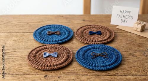 crochet coaster photo for Fathers Day craft gift with bow ties and rustic table