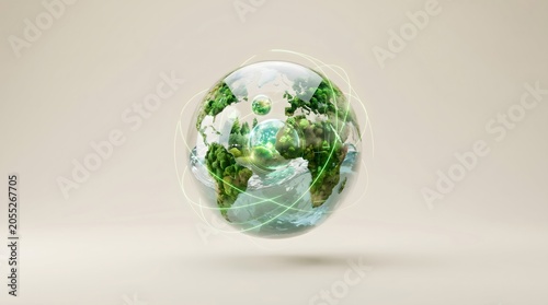 Abstract 3D render globe with green forests and clean water encapsulated in glass sphere floating on minimal background sustainable planet concept
