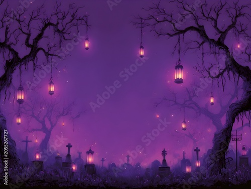 Fireflies glowing in a dark forest at night