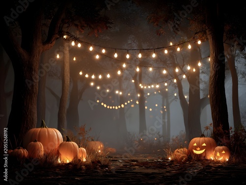 Cozy autumn scene with pumpkins and hanging string lights at night