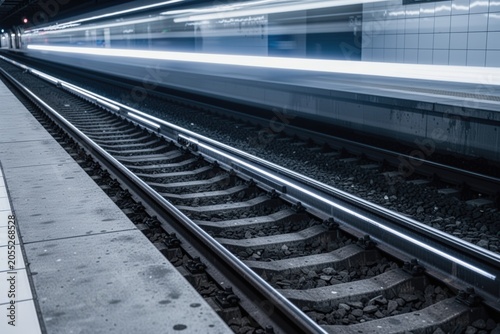 Subway platform with long exposure ghost light streaks and cool steel tones