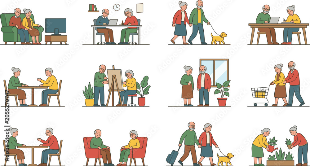 Fototapeta premium Elderly Couple Lifestyle Character Set Featuring Senior Citizens Watching Television, Painting, Gardening, Traveling, Shopping, and Walking Dog Graphic Designs