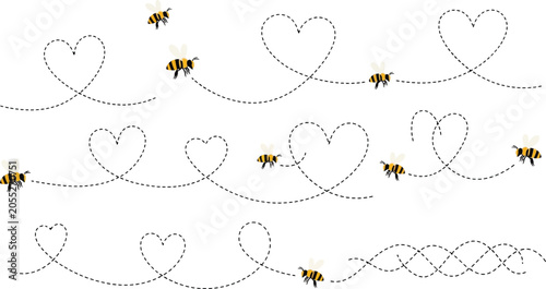 Honey bee flight paths forming heart shapes with dotted lines on white background for romantic and whimsical vector design.