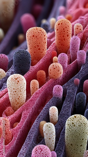 Colorful microscopic view of vibrant textures resembling sponge-like structures under magnification.
