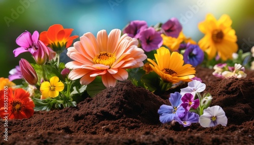 Earth And Blooms An Inviting Shot Of Rich Fertile Soil Serves As The Foreground Providing A Foundation For A Stunning Array Of Colorful Blooms