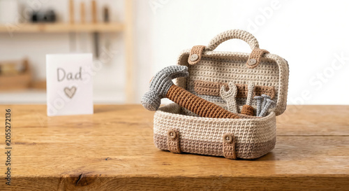 Gift basket photo for greeting poster with crochet tools and warm wooden desk