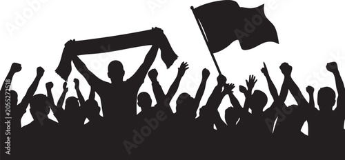 Fotografie A black silhouette of a crowd of people cheering with raised arms, one person holding a waving flag and another a scarf, against a pure white background