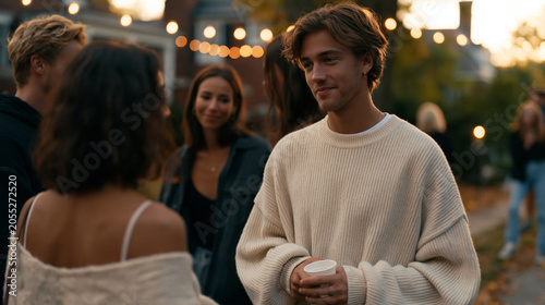 A group of adults at a neighborhood autumn block party awkwardly exchanging numbers for the first time, all of them clearly past the age when friendship comes easily, the mix of