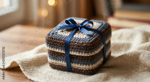 Gift photo background for holiday banner with knitted box blue ribbon and cozy fabric