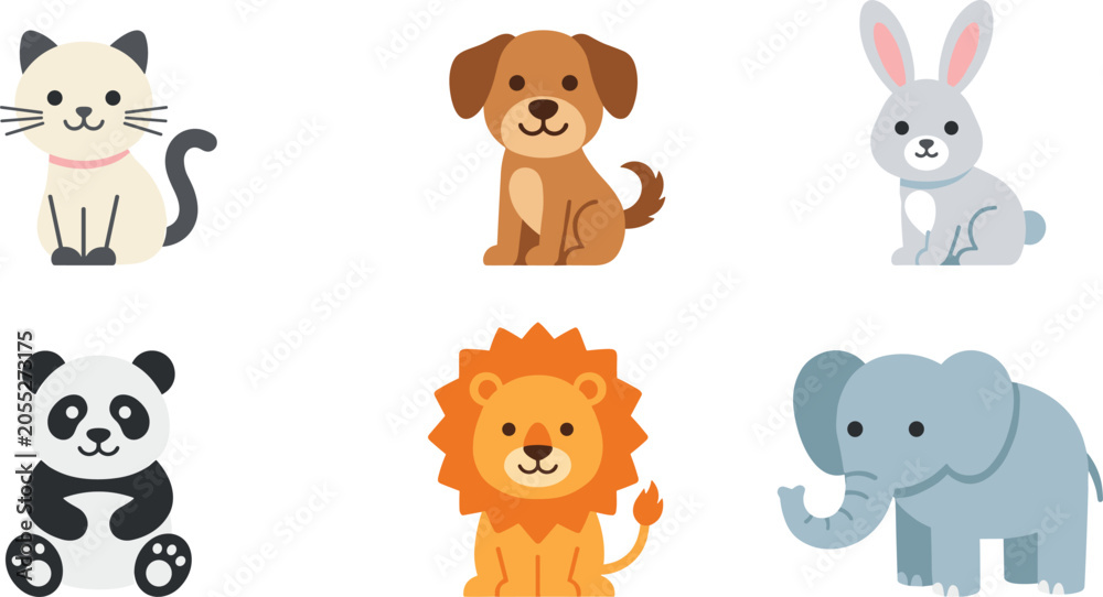 Obraz premium Cute Cartoon Animal Vector Icon Set Featuring Sitting Cat, Domestic Dog, Fluffy Rabbit, Giant Panda, Wild Lion, and Baby Elephant Isolated on White