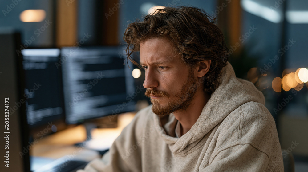 Obraz premium Software developer reviewing smart contract payment code displayed across multiple monitors in rain-soaked rooftop server room, blockchain transaction execution logic visible,