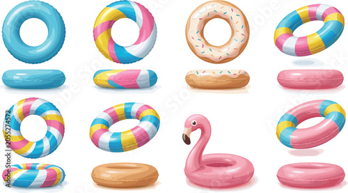 Bild auf Leinwand colorful swim rings inflatable pool floats flamingo donut tubes summer vacation