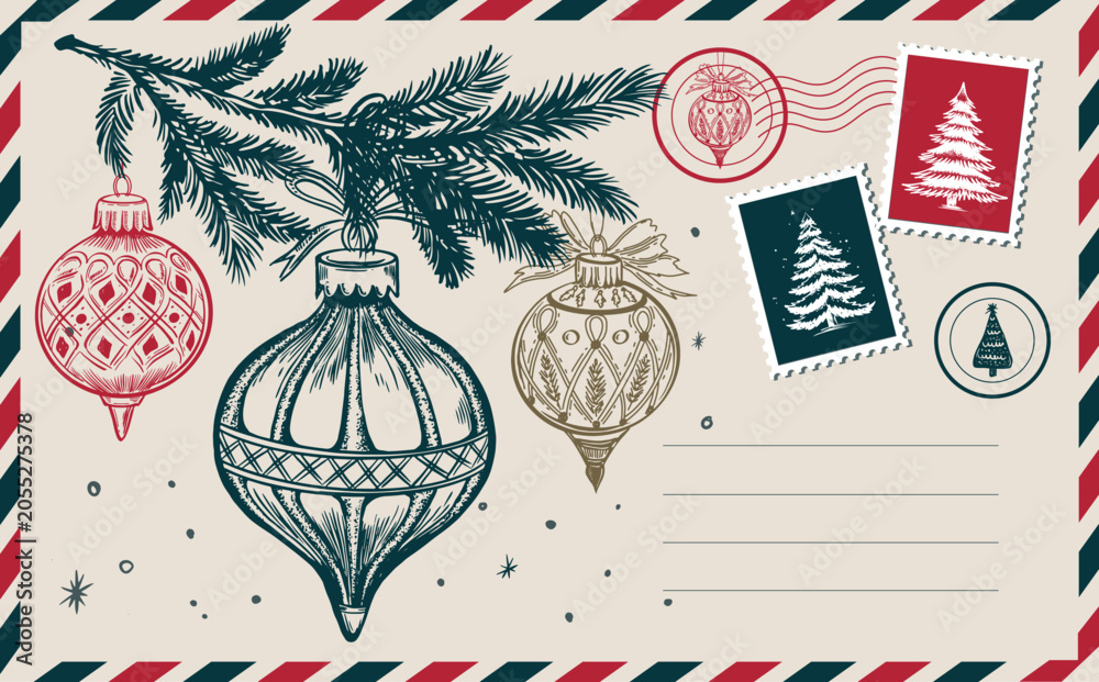 Obraz premium Christmas postcard with branch tree and ball New Year card 