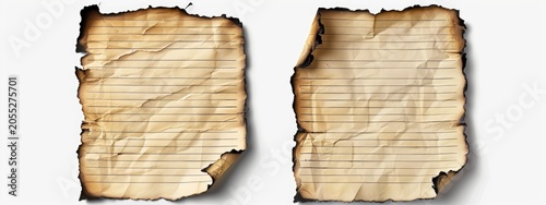 Torn, Burning Lined Paper with Shadow Isolated on White; Use for Vintage Look