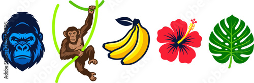Photography Tropical Jungle Wildlife and Nature Elements Vector Icon Set Featuring Gorilla M